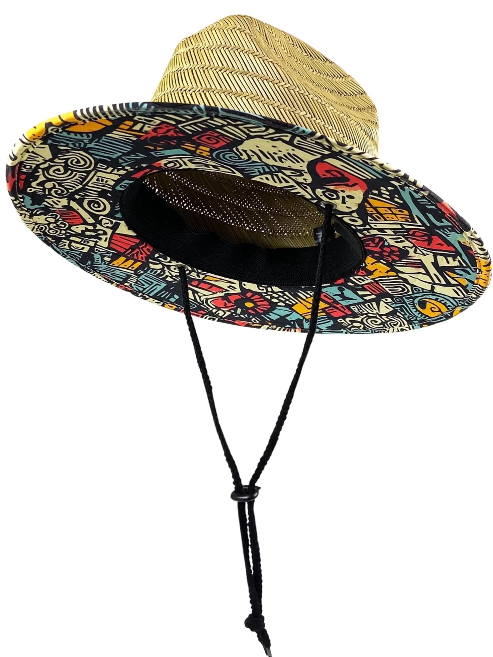 100% Woven Straw Lifeguard Hat for Men and Women with Wide Brim for Sun Protection, Adjustable Chin Strap for Beach & Surfing, Sun Protection Hat