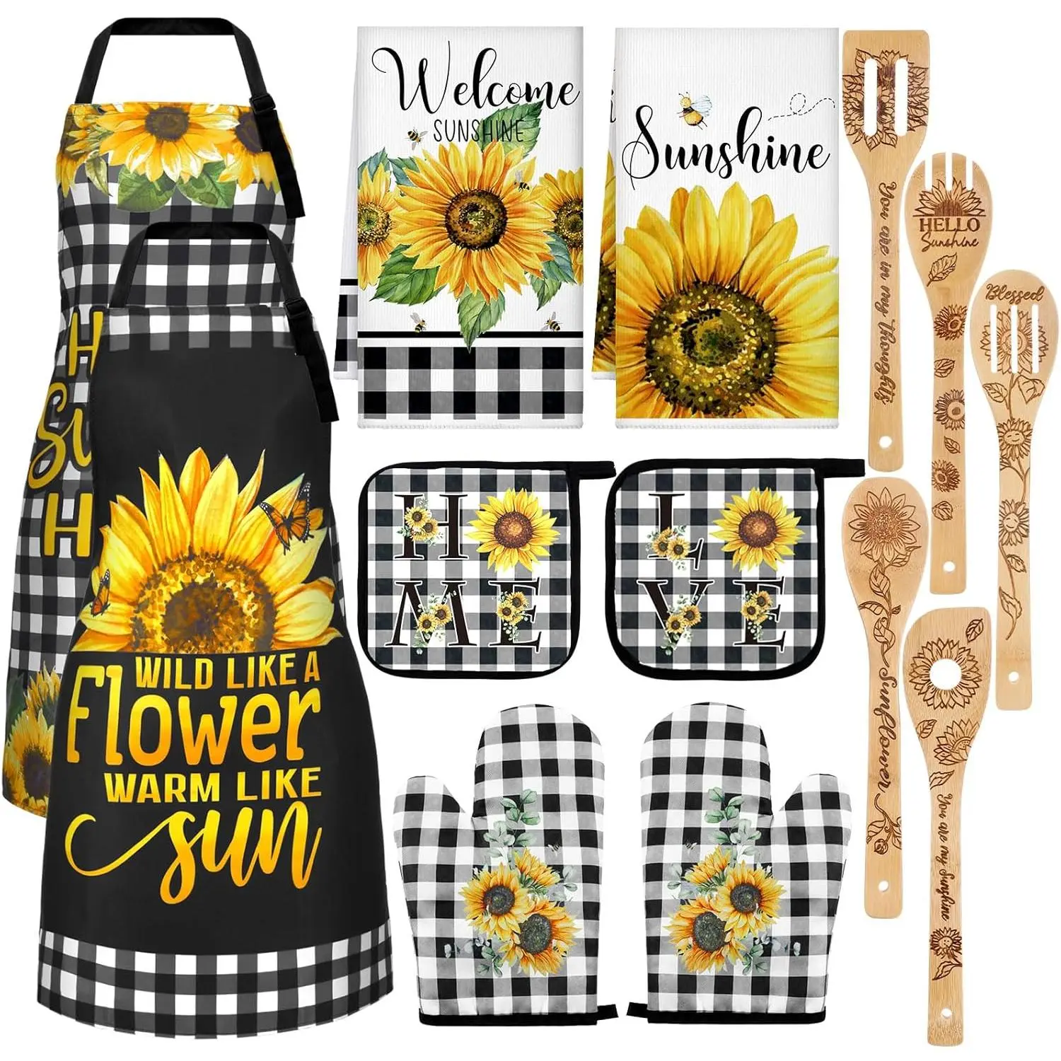 13 Bee Sunflower Farmhouse Kitchen Set Include 5 Cute Wooden Spoons 2 Kitchen Towels 2 Apron 2 Oven Mitts 2 Bee Sunflower Pot Holders for Housewarming Gifts(Black, Yellow,Sunflower) Cover Lightweight