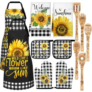 13 Bee Sunflower Farmhouse Kitchen Set Include 5 Cute Wooden Spoons 2 Kitchen Towels 2 Apron 2 Oven Mitts 2 Bee Sunflower Pot Holders for Housewarming Gifts(Black, Yellow,Sunflower) Cover Lightweight