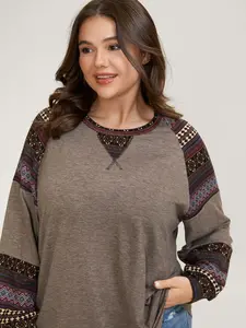 【Summer Turn-Up】BlOOMCHIC Plus Size Supersoft Boho Stripes Spliced T-Shirt - Fitted Long Sleeve Round Neck Casual Geometric Print Multicolor Women's Top Womenswear Tshirt [M-6X] 2026 Summer Pick for Mother's Day