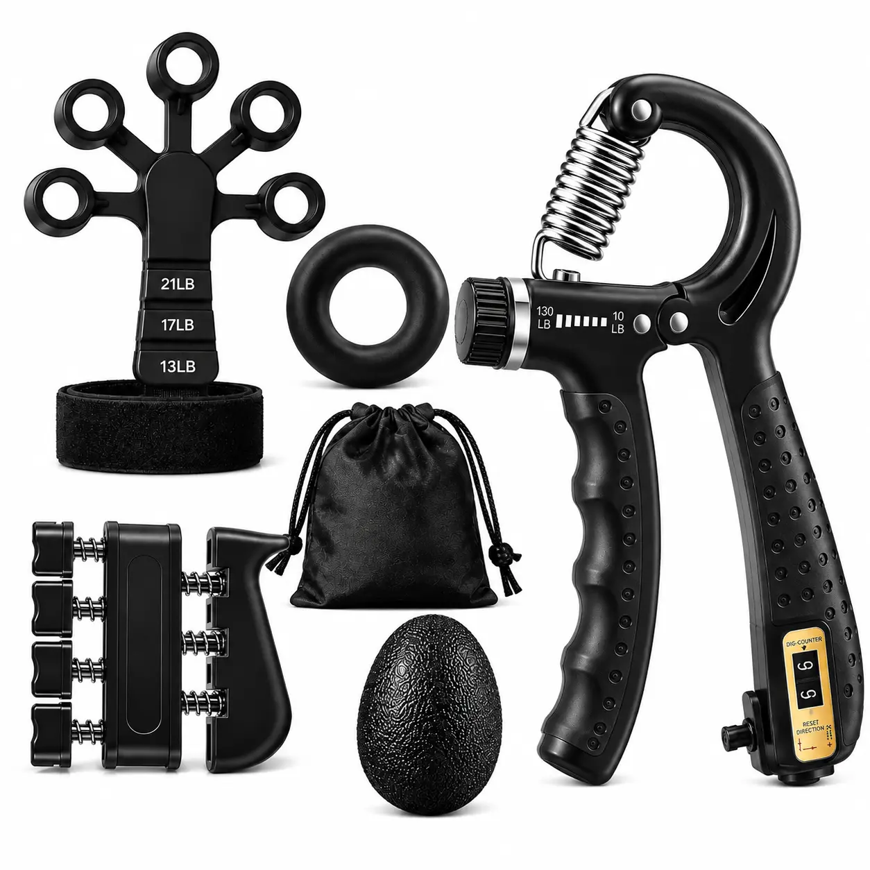 Hand Grip Strengthener Kit 5-in-1 | Adjustable 10-132 lbs Hand Gripper + Finger Stretcher, Grip Ring, Stress Relief Ball for Rock Climbing, Piano, Athletes, Gym, Rehab | Crush Weak Grip — Built for Senders, Lifters & Musicians