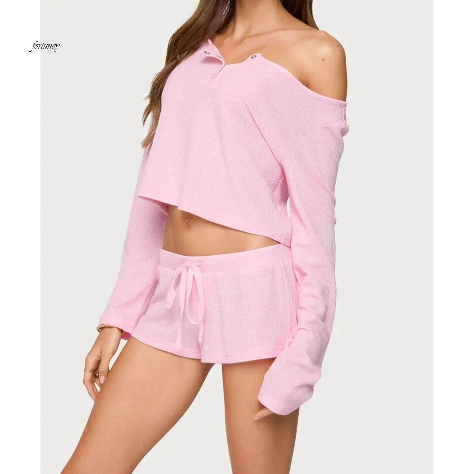 Women's 2-Piece Polyester Long-Sleeve Pajama Set - Solid Crop Top, Elastic Waist Mini Pyjama Bottoms, Fall Sleepwear & Loungewear Outfit, Elastic Waistband, Mini Shorts Hem, Plain, Lady, Solid Colors, Standard Sizes, Casual