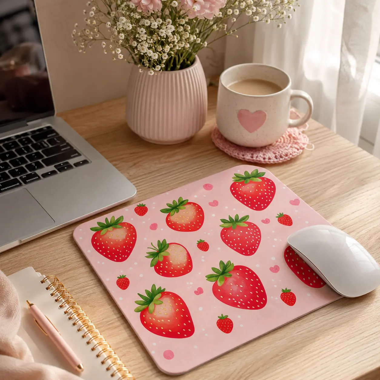 Girls' Cute Strawberry Cherry Mouse Pad - Pink Fruit Pattern Desk Mat, Non-Slip, 12x8/12x10", No Black Border, Ideal for Gaming Work, Drawing, Coworkers' Gifts, Home Office & Dorm Computer Accessories