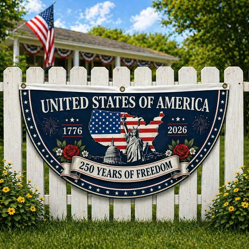 USA 250 Years of Freedom Patriotic Porch Banner - US Pride, Nation Pride July 4th Bunting, Americana Outdoor Fence Decoration