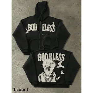 Men's Zip-Up Hoodie Sweatshirt, Black, Vintage American Style, "God Bless" Slogan & Praying Hand Print, Retro Streetwear, Suitable For Spring, Autumn And Winter, Versatile