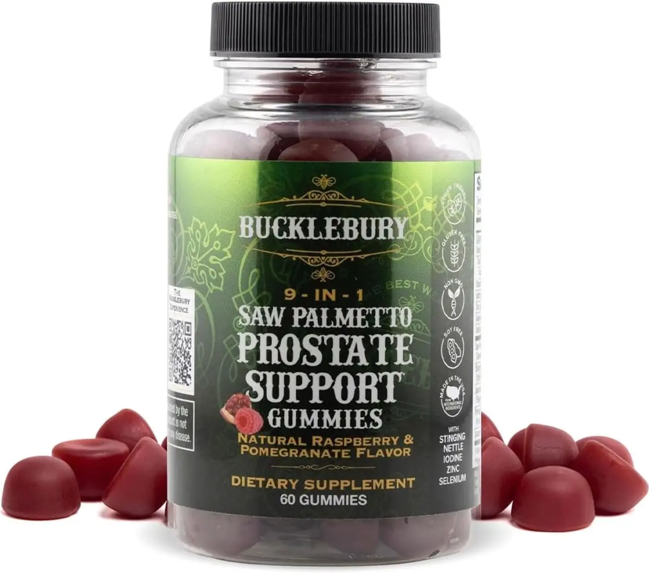 BUCKLEBURY 9-in-1 Natural Saw Palmetto Gummies with Raspberry & Pomegranate Flavor - Plant-Based Prostate Support Supplements for Mens Bladder Health, Hair Growth & Urinary Support - 60 Gummies