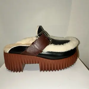 Amber Shearling Platform Clog 'Oreo - Black & Brown Leather with Faux Fur Lining & Chunky Sole