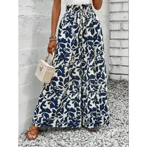 Women's summer romantic plant print loose wide leg pants, high waisted elastic waistband, bow tie, Bohemian beach casual style, high-rise palaceRAIMENTRY