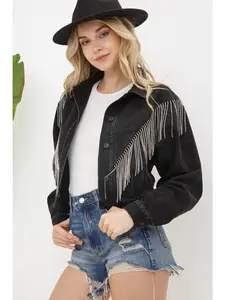 Denim Rhinestone Fringe Jacket - Black Fitted Cropped Waist Length Long Sleeve Casual Rock Style All Seasons