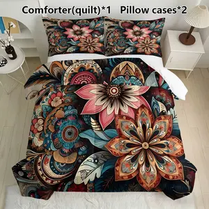 Boho Mandala Floral Bedding Set, Includes 1 Comforter & 2 Pillowcases, Synthetic Fiber Material, Perfect for Bohemian Decor