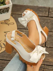 New Women's Summer Bowknot Chunky Heel Sandals, Waterproof Non-Slip High Heels, Adjustable Back Strap Slip-On Mary Jane Shoes