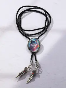A Vintage Colorful Wolf Head Bolo Tie, Western Cowboy Style Leather Necktie, Punk Rock Pendant Necklace for Men Women
