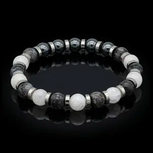 Men's Strength and Wisdom Bracelet with Larvikite, Belomorite (Moonstone), Hematite and Silver