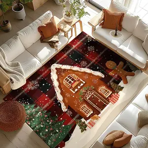 Christmas Theme Carpet, Gingerbread House Pattern Rug, Soft Comfortable Anti-Slip Mat, Holiday Decor for Living Room Bedroom