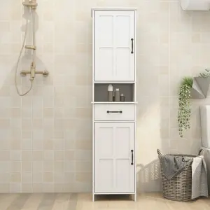Double Door Narrow Height Slim Floor Standing Cabinet Tall Bathroom Cabinet, Linen Tower with Open Shelf, Drawer, Recessed Doors, and Adjustable Shelves