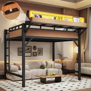 Bellemave  Loft Bed Frame with Storage Shelves and Pegboard, Metal Loft Bed with USB Ports and LED Lights, Safe and Sturdy, Natural