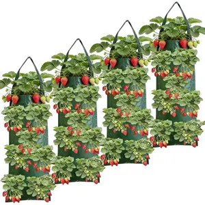 4-Pack Hanging Strawberry Plant Pots, 8-Hole Design with Handle, Outdoor Hanging Planter Bags, Ideal for Strawberries, Herbs, Vegetables