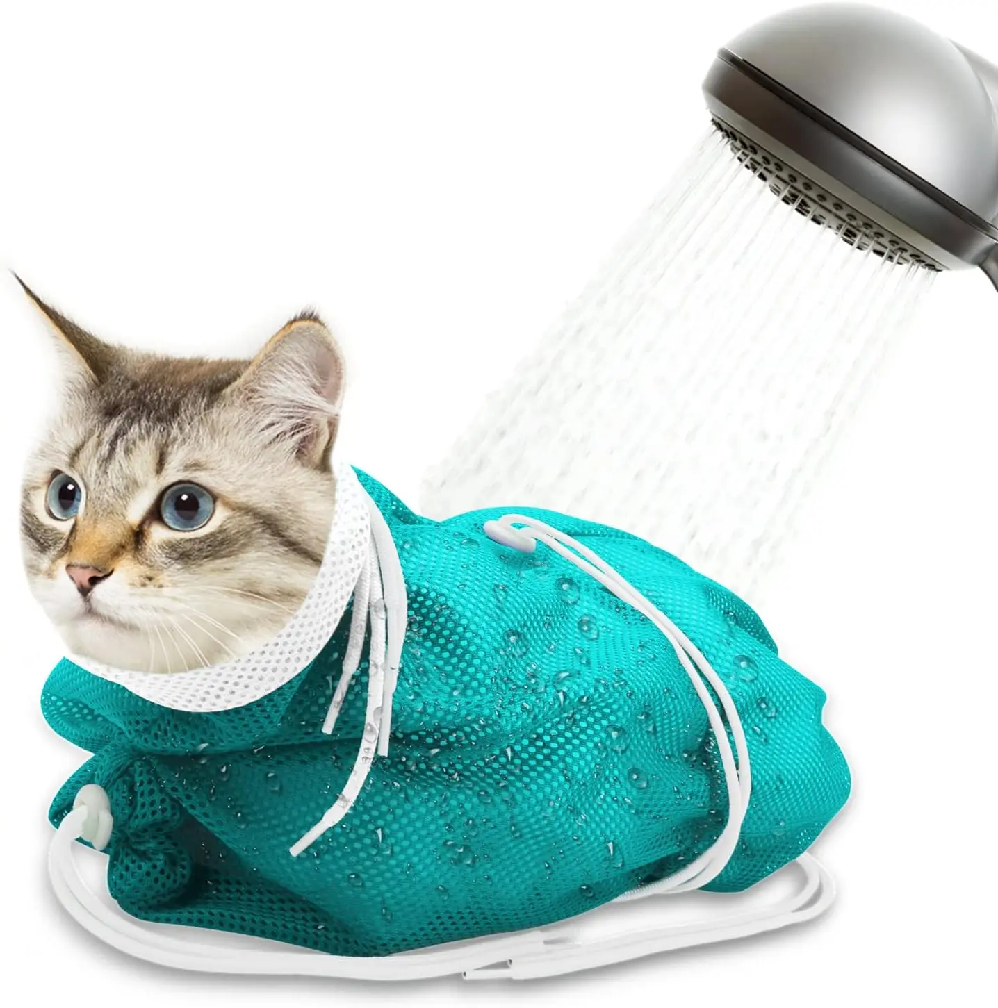 Cat Bathing Bag,Breathable Cats Grooming Bag, Anti Scratch Adjustable Cat Shower Washing Bags with Mesh for Nail Trimming (White- Blue)