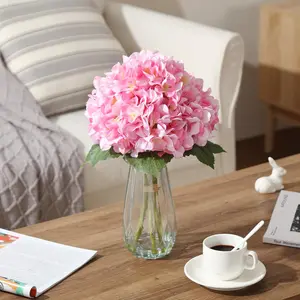 Real Touch Artificial Hydrangea Flowers with Glass Vase & Faux Water, Large Lifelike Silk Bouquet, Elegant Centerpiece for Home, Wedding, Party, Baby Shower, Pink