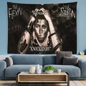 Edgy Hip-Hop Tapestry Featuring YoungBoy Never Broke Again with a Bold "Still Flexin, Still Steppin, Knocked Off" Design