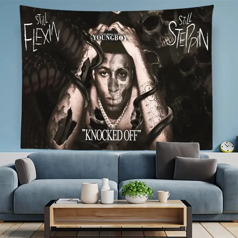 Edgy Hip-Hop Tapestry Featuring YoungBoy Never Broke Again with a Bold "Still Flexin, Still Steppin, Knocked Off" Design