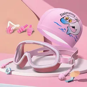 Swimming Goggles Set with Nose Clip Earplugs Swim Cap, Anti-Fog Leakproof Large Frame Glasses for Boys Girls Ages 3-12
