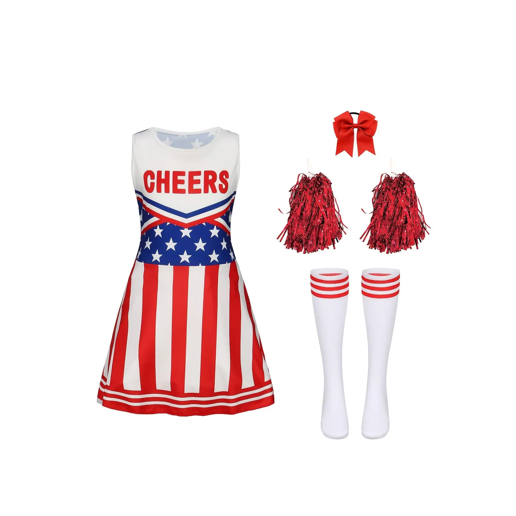 Cute Girls Red CHEER Letter Star Patchwork Cheerleader Costume Set Halloween Performance Children Birthday Gift 4pcs with Bow Pom Poms Striped Socks