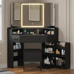 Sikaic Corner Makeup Vanity with Tri-Fold Mirror and Cushioned Storage Stool Black