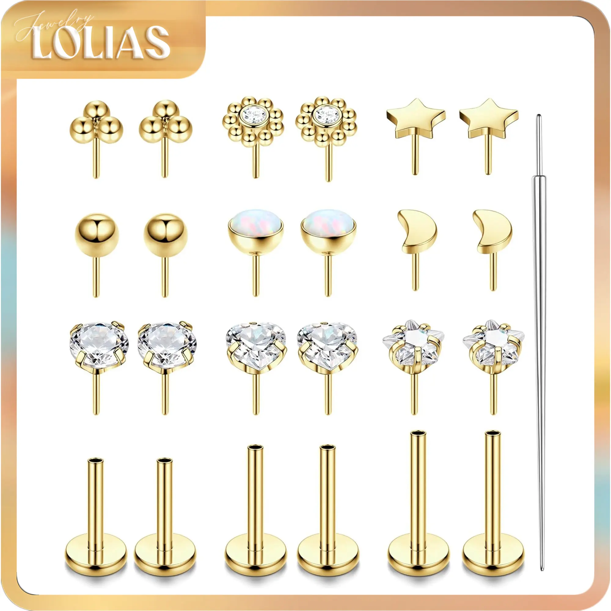 LOLIAS 16G Stud Earrings Set, Dainty 316L Stainless Steel Cute Jewelry with Artificial Zircon Tops, Threadless Push-in Posts 6-10mm for Cartilage & Tragus, Flat Pierced Jewelry, Sparkling Zircon Inlay, Clothes, Casual, Earrings For Women