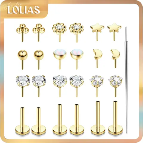 LOLIAS Women's 16G Non-Tarnish Stainless Steel Flat Back Stud Earrings Set - Cute Jewelry with Sparkling Zircon Inlay, Hypoallergenic Threadless Push-In for Cartilage, Helix, 6-10mm Body Jewelry, Flat Pierced Jewelry