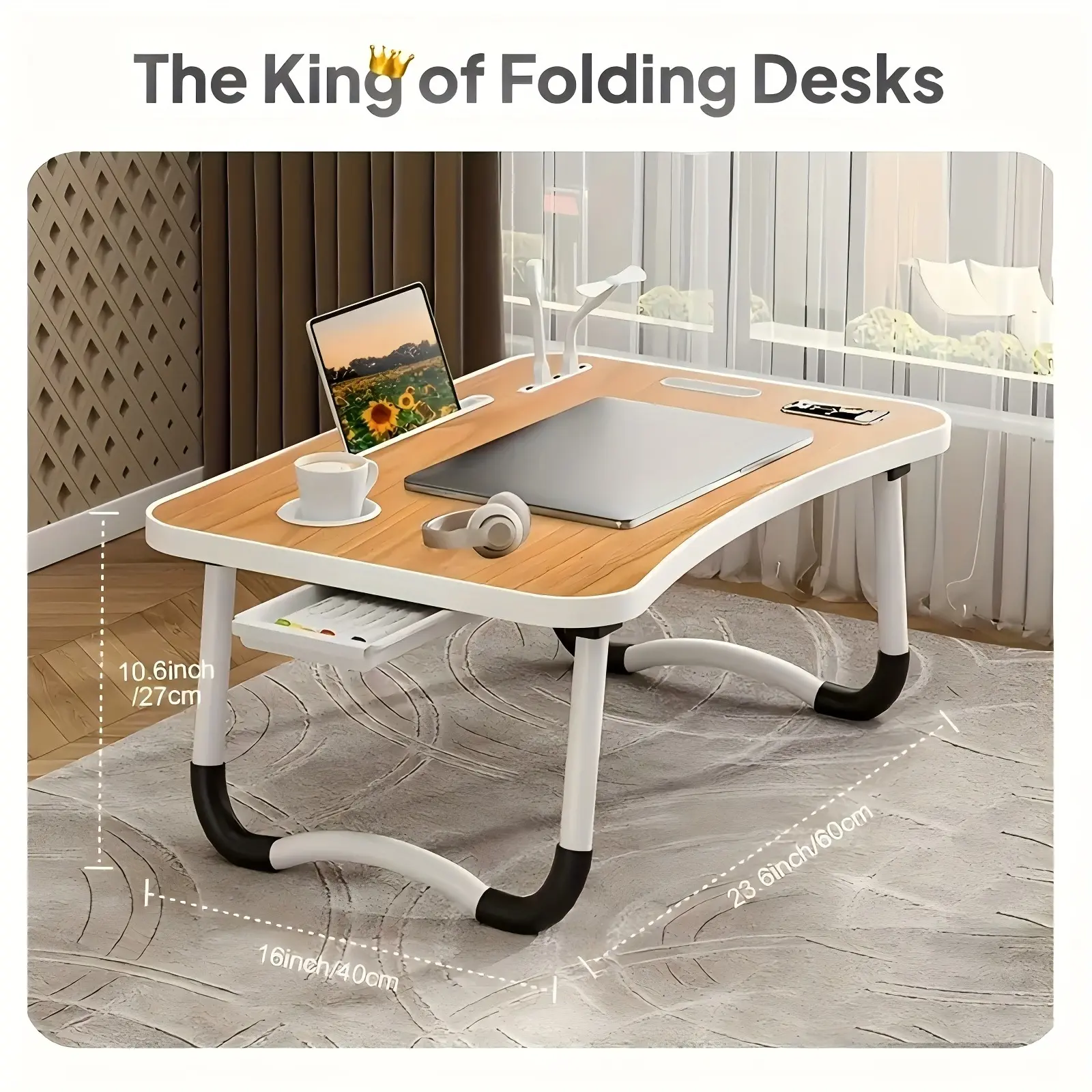 The King of Folding Desks - Portable Laptop Bed Desk with 4 USB Ports Wind Fan LED Light Cup Holder & Side Drawer for Working Reading Writing Eating on Bed Sofa Floor, outdoor, party,dinner