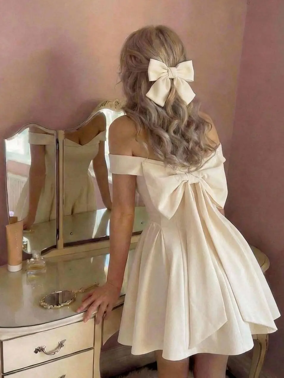 Women's Elegant Off Shoulder Bow Tie Mini Dress, Cream White Vintage Cottagecore Dress, Formal Wedding Guest Outfit, Graduation Party, Summer Cocktail Dress