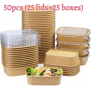 Square Kraft Paper Bowls with Lids(Including 25 boxes + 25 lids) – PP Lid + Paper Body Salad Containers for Meal Prep, Takeout & Delivery | Eco-Friendly Choice for Christmas, Thanksgiving & Valentine’s Day