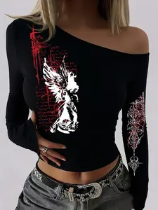 Women's Gothic Punk Asymmetric Crop Top, One-Shoulder Long Sleeve Graphic Tee For Concert & Streetwear | #GrungeAesthetic #PunkFashion