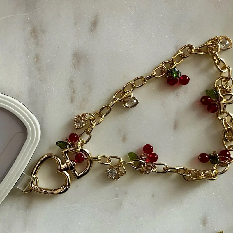 Gold Chain Phone Wristlet with Cherry Charms & Heart Crystals - Elegant Accessory with Secure Heart Clasp, 7 Inches Long, Custom Requests Welcome Smartphone Cellphone Rhinestone