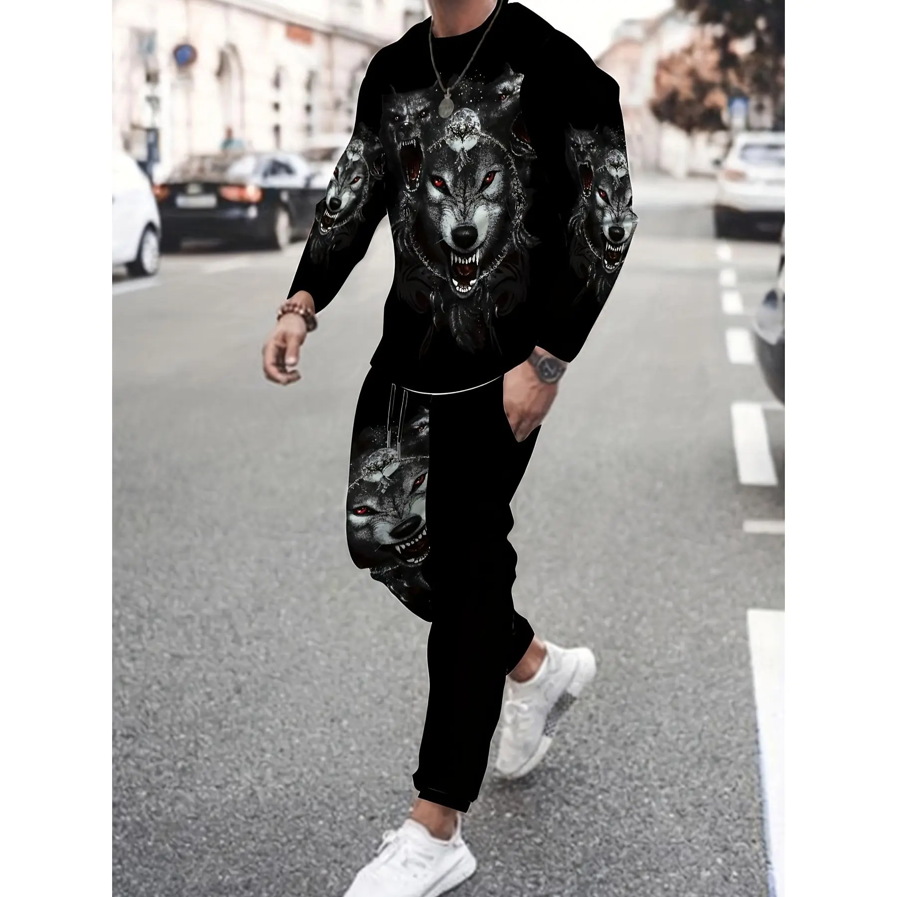 Men's 2-Piece Pajama Set, Wolf Print Long Sleeve Top and Plaid Pants, Polyester Blend Comfortable Nightwear Loungewear, Animal Print, Casual, Crew Neck, Pyjama Bottoms, Knitting, Graphic, Menswear