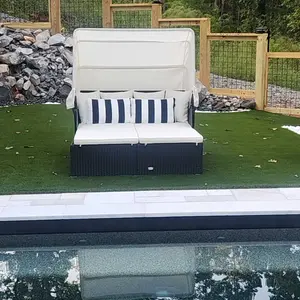 COSTWAY Patio Outdoor Daybed with Canopy, Wicker Sunbed w/Cushions, 4 Pillows & 2 Retractable Side Trays, 2-Person Lounge Bed Conversation for Poolside Porch Garden, Rattan Outdoor Bed-COSTST