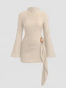 Women's Stand Collar Waist Cinched Flare Sleeve Bodycon Midi Dress, Elegant Plain Design, Spring & Fall Fashion