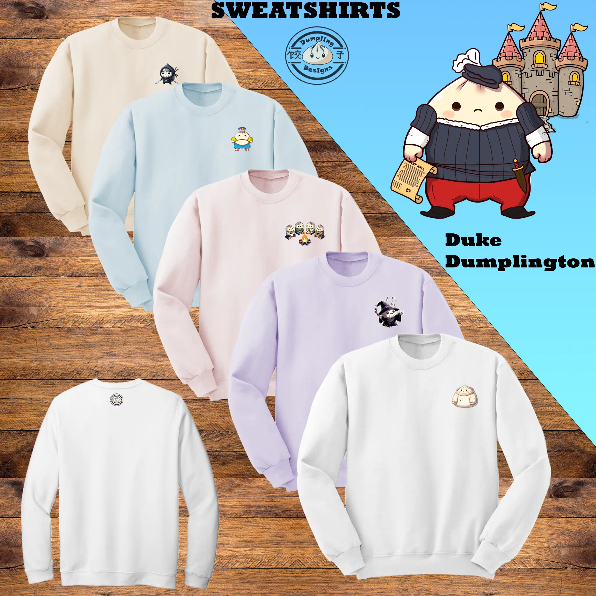 Dumpling Designs- Duke Dumplington Comfy Crew Neck Sweatshirt