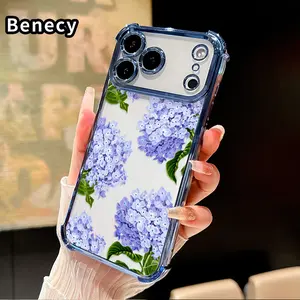 Phone Case for iPhone 17 Pro Max 16 15 Plus Air 14 13 12 11 E Lavender Hydrangea Grace Pattern Transparent Lens Protection Durable Soft Silicone Cover Gift