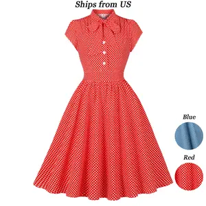 Women's 1960s Vintage Polka Dot Bow Neckline Cap Sleeve Button-Up A-Swing Flare Party Dress in Blue & Red Sizes S-XXL Casual Formal Summer Suits