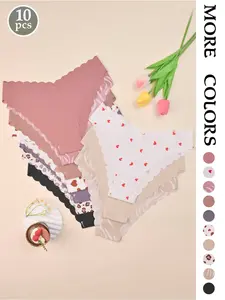 10-Pack Women's Heart Leopard Striped Adhesive Panties, Invisible No-Binding Ice Silk Quick-Dry Breathable Briefs for All Seasons, Casual Gym and Everyday Wear