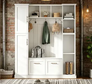 White Farmhouse All-in-One Hall Tree Entryway Bench, Mudroom Storage Furniture with 4 Cabinets, Adjustable Shelves, Open Cubbies & 5 Coat Hooks, Stylish Decor for Hallway Home Upgrade