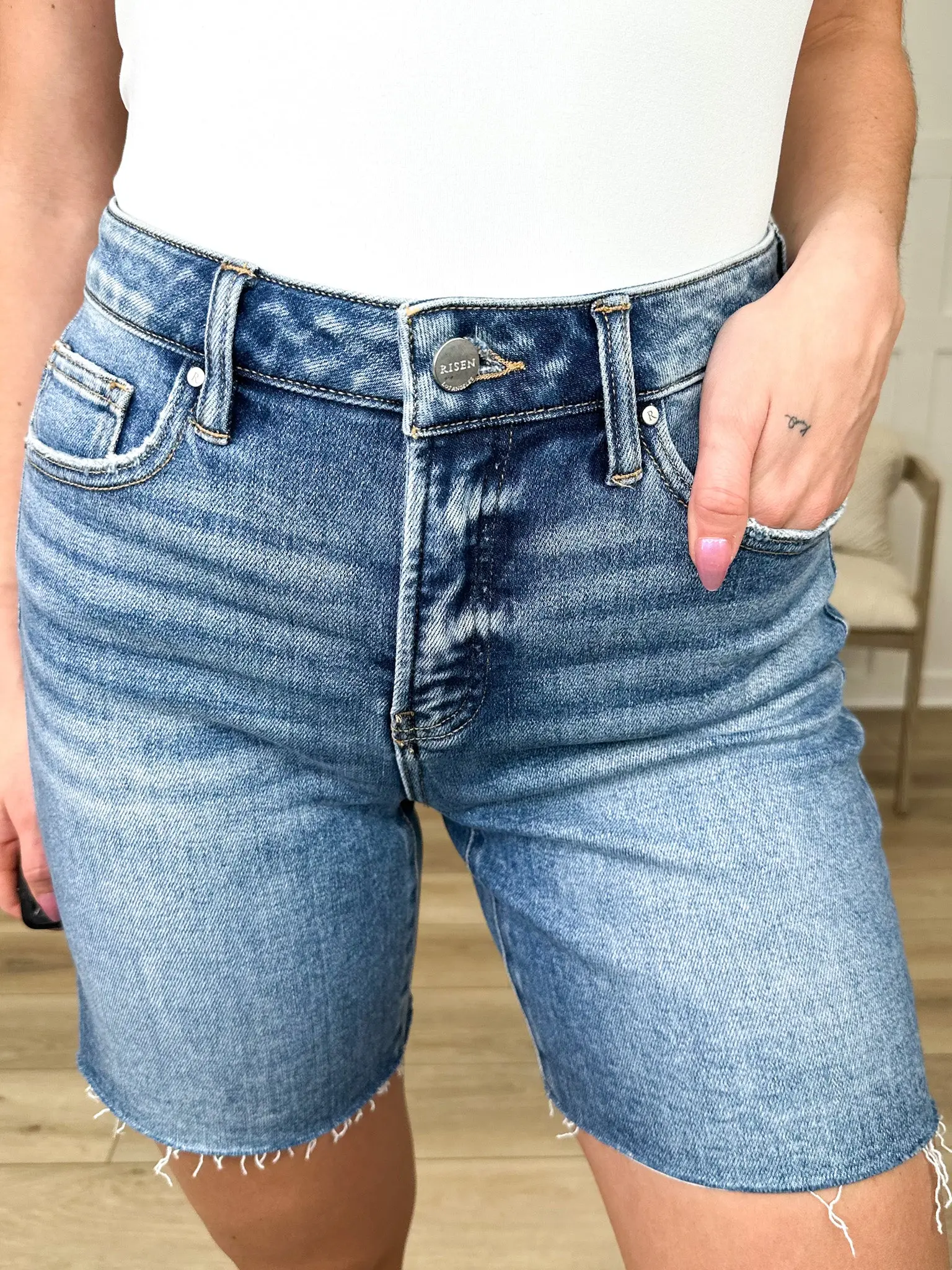 Women's High Rise Tummy Control Jean Shorts - Casual Fit Raw Hem Denim in Medium Wash, Everyday Plus Size Basics, Polyester, Spandex