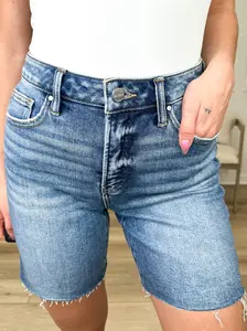 Women's Risen Tilly Smooth Cotton Tummy Control Denim Shorts - Medium Wash, Raw Hem, Non-Distressed, Flattering Fit Bottom