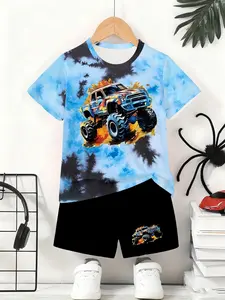 Boys Summer Set, Husky Boy Clothes, Colorful Monster Car Tie Dye Short Sleeve Top & Matching Shorts, Casual Fitted Style, Outdoor Wear, Children, Youth Kits