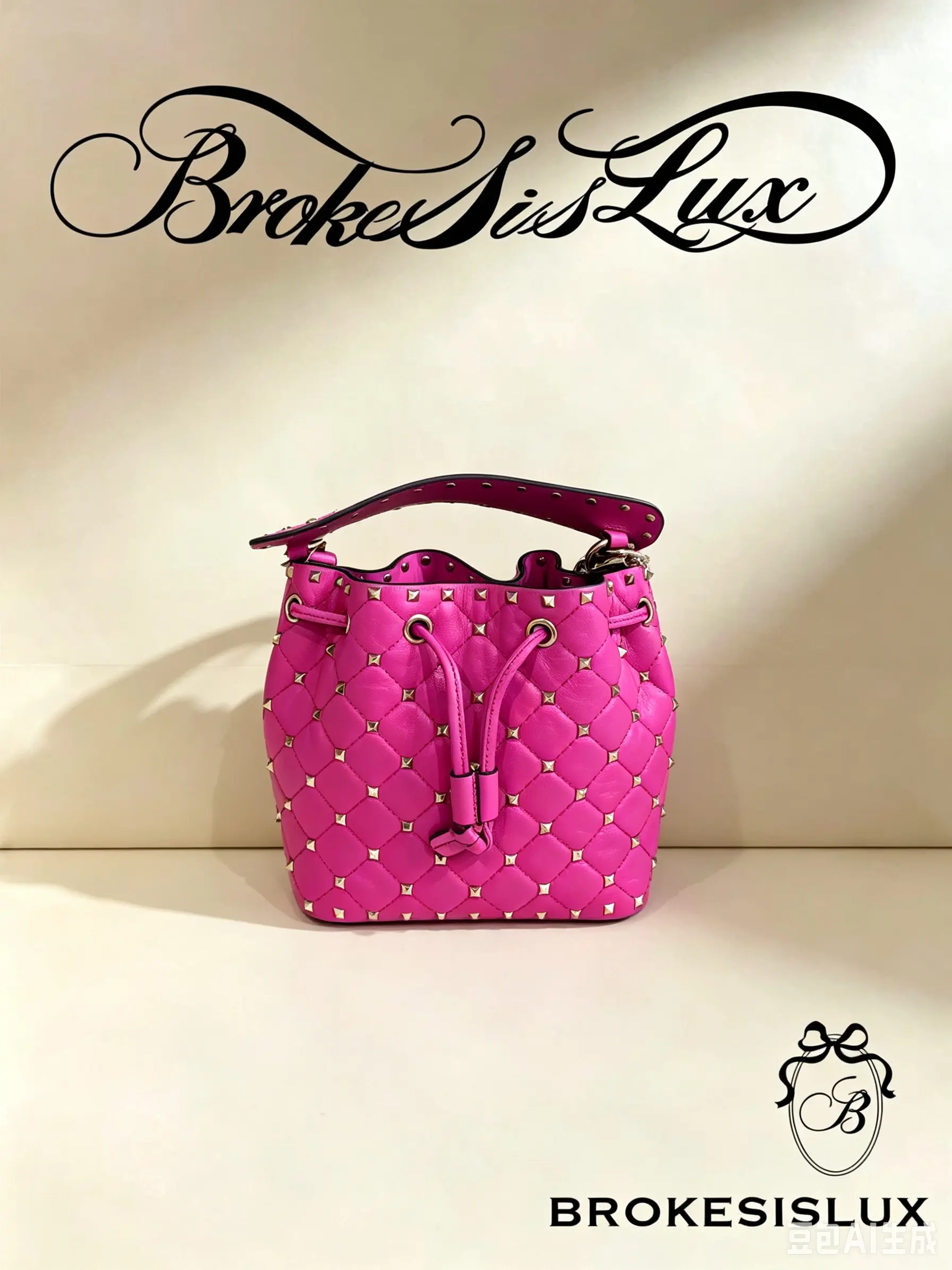 Pre-owned Valentino Fuchsia Pink Lambskin Quilted Drawstring Bucket Bag, Allover Gold Rockstud Embellishment, Rivet Trimmed Top Handle, Detachable Chain Strap