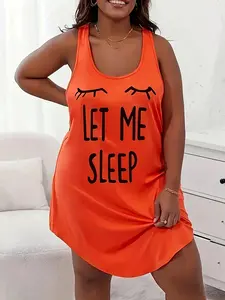 Women's Plus Size Letter Print Tank Top Vest Dress Cami Sleep Dress, Casual Comfortable Home Sleepwear, Super Soft Lounge Clothing, Sleeveless Nightgown