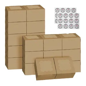 Square Clear Window Box, Brown Paper Container Party Favor Packaging Boxes, 3.39'x3.39'x2.48' Foldable Design with Visible Window for Wedding Treats & Crafts
