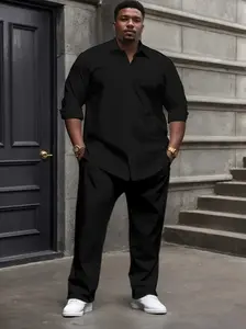 Men's Plus Size Casual Sport Suit, Solid Color Polyester, Regular Fit Lapel Collar, Slight Stretch, Outdoor Leisure Men's Button Closure Jacket And Casual Pants Spring Summer Sets for Adult Males